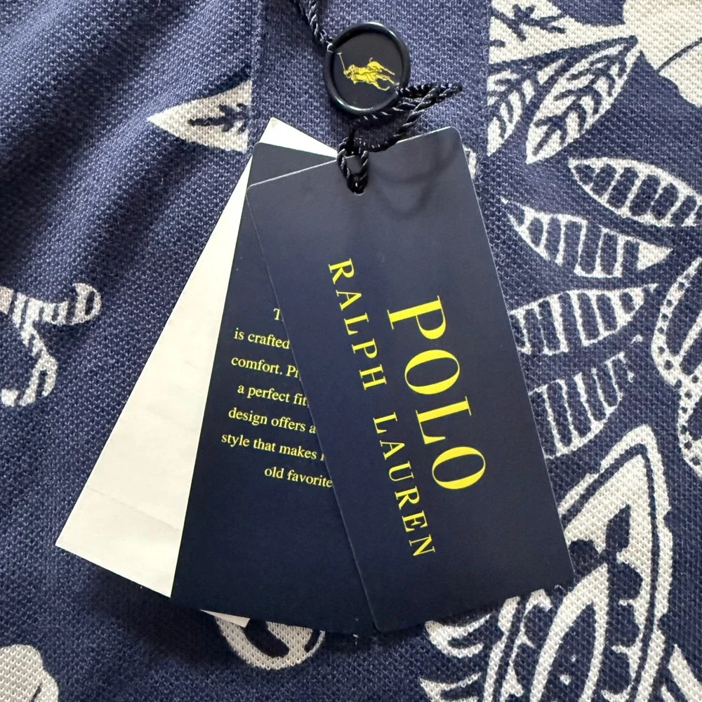 Polo Ralph Lauren Mens XLT Navy Blue Classic Fit Hibiscus Mesh Short Sleeve Polo